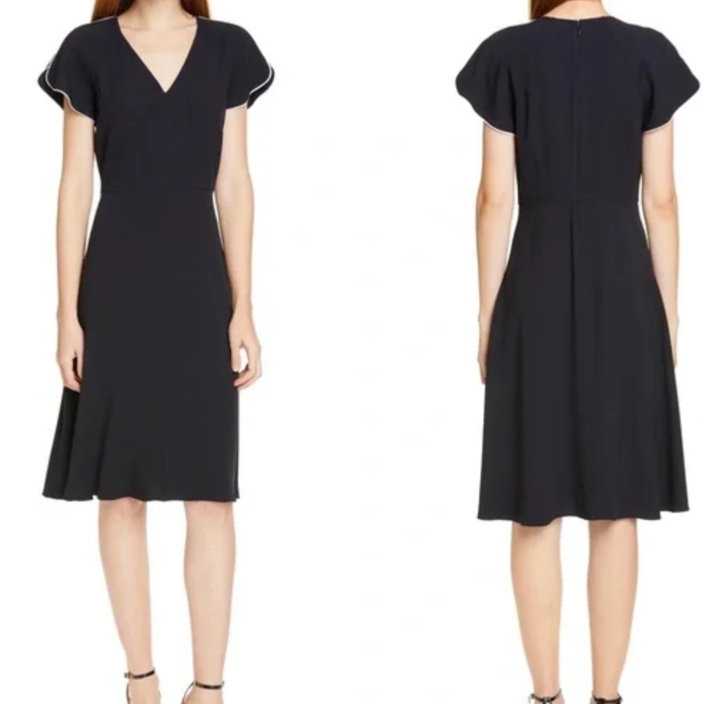 Lewit black midi dress white piping size 8 v neck short sleeve